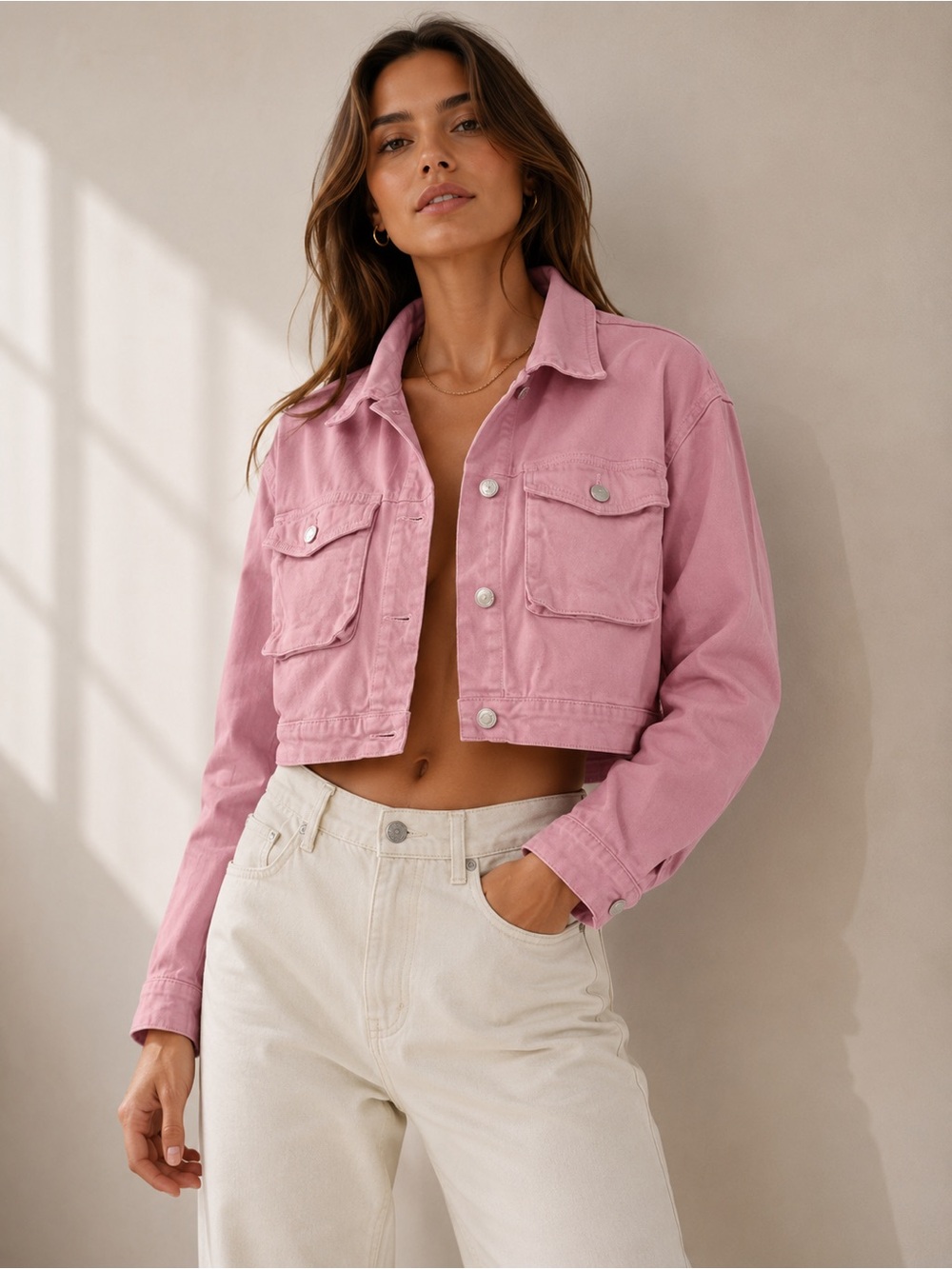 Parisian Works Cropped Pink Denim Jacket
